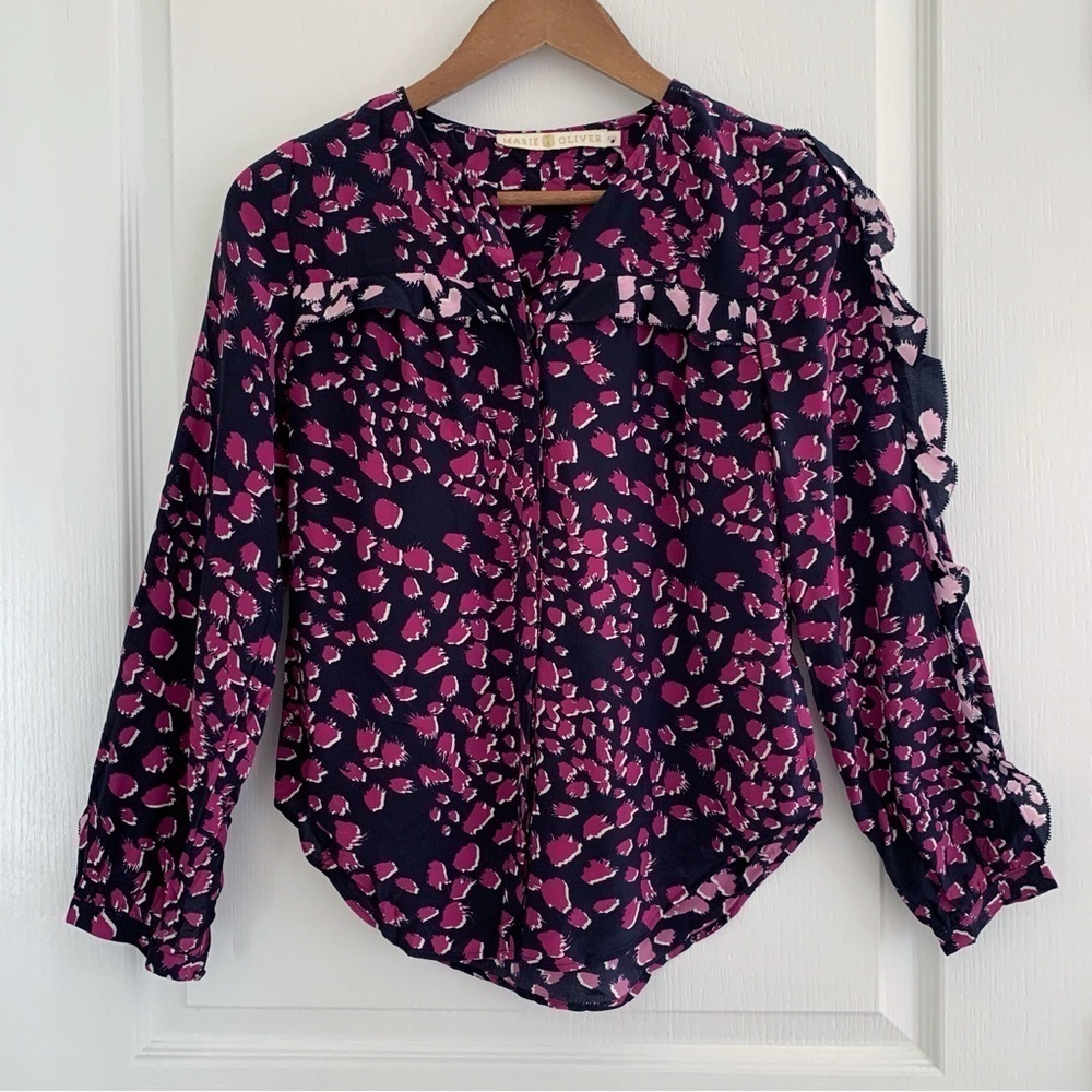 Marie Oliver Navy Abstract Print Ruffle Silk Blouse XXS